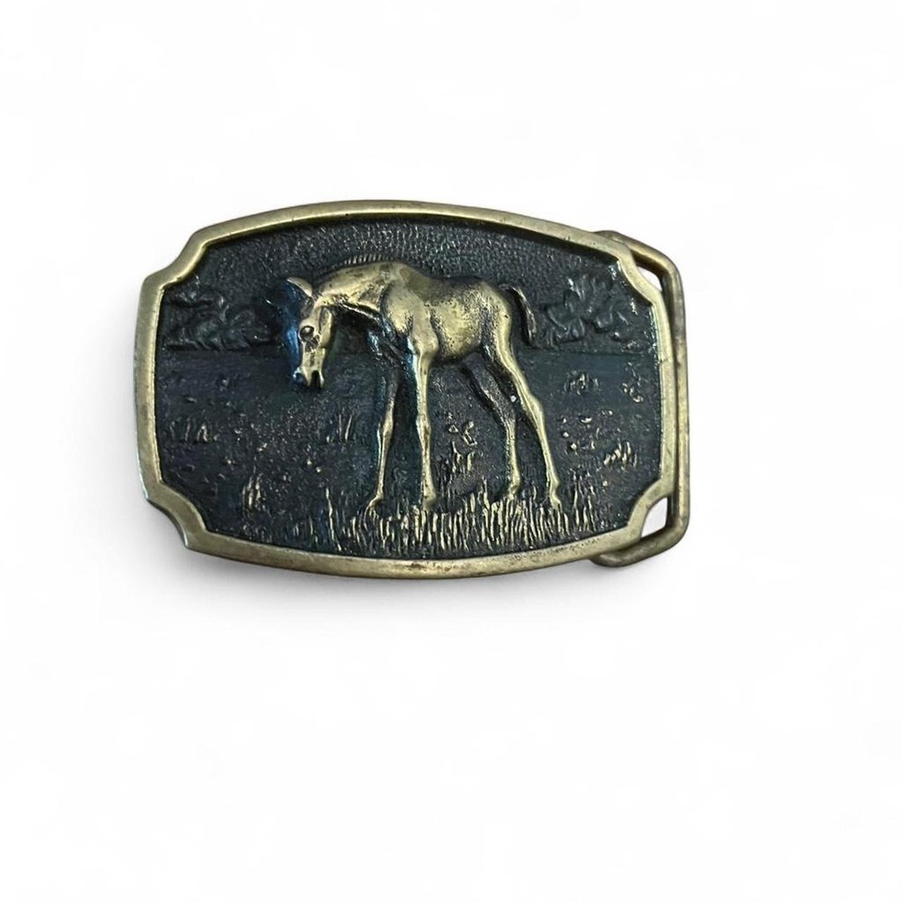 Vintage BTS Solid Brass Horse Foal Belt Buckle Made in USA Western Equine